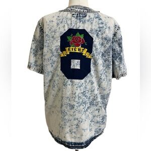 Men’s RETRO DISTRIKT Blue Acid Wash Baseball Jersey Eight Stitched Patch Small